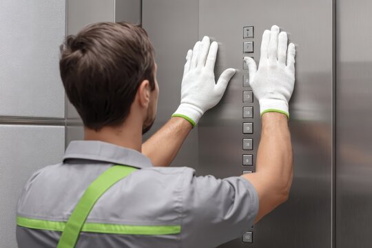 Technician fixing Elevator. Lift machinist man repairing elevator fixing or adjusting mechanism. Engineer investigate work of passenger lift. Installation with expertise. Maintenance service