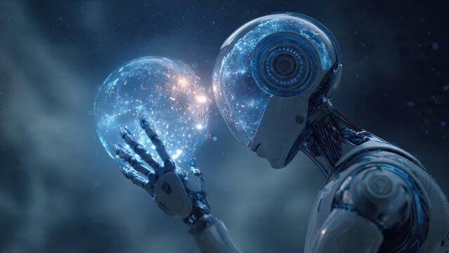 A futuristic robot holding a glowing orb, symbolizing technology and innovation, set against a dark cosmic background, evoking a sense of wonder.
