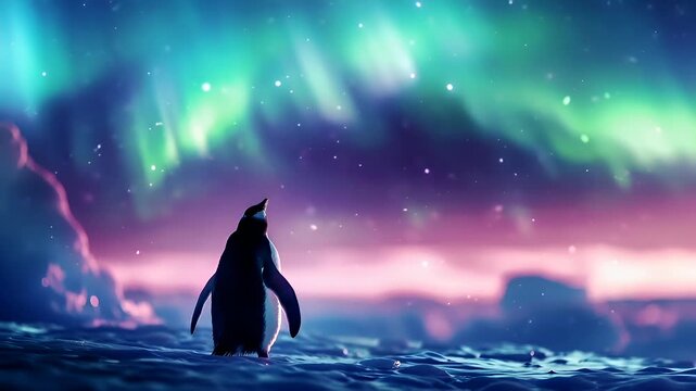 Aurora Borealis digital artwork featuring a penguin in the foreground with a vibrant, colorful sky in the background. The penguin is depicted in a side profile.