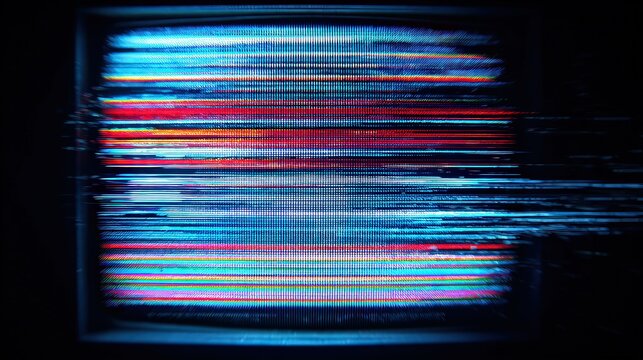Abstract Television Static Screen in Dark Room with Blue and Red Glitches Horizontal Lines and Distorted Display Electronic Malfunction
