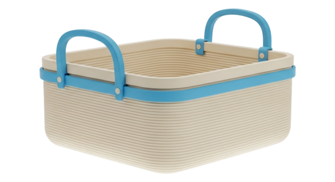 Beige plastic basket with blue handles isolated on transparent background for organizing and storing items