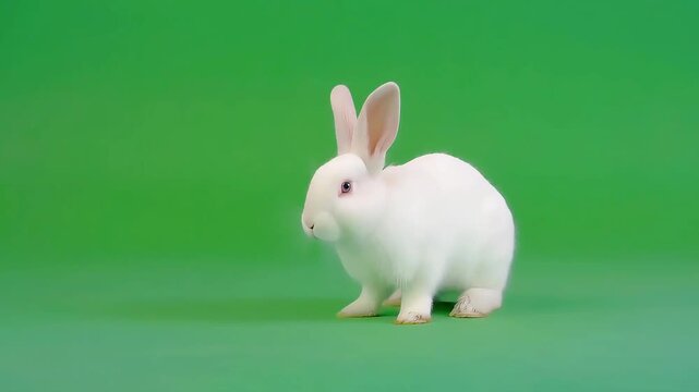 Cute white rabbit jumping happily on green screen floor