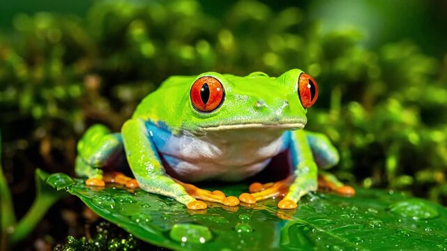 A vibrant, small tree frog perched on a dew kissed leaf, showcasing its intricate skin patterns and brilliant coloration in a lush tropical setting. macro perspective