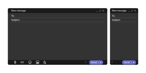 Online mail interface window. Blank email message screen template with subject field and send button. Modern flat ui layout for website or app. Vector concept of internet communication design
