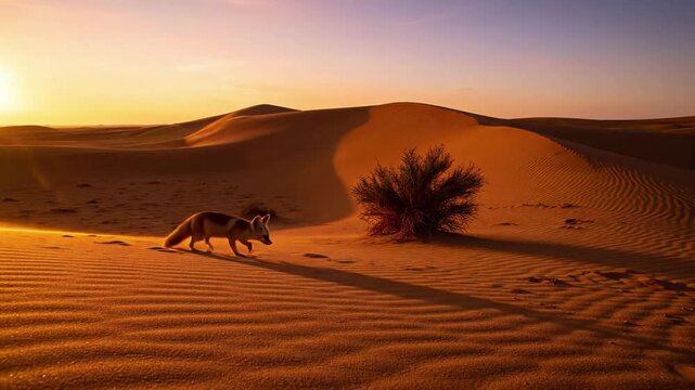 Expansive golden sand dunes stretching endlessly under a dramatic sky, capturing the serene and untouched beauty of a remote arid environment. Wide aerial or establishing shot.
