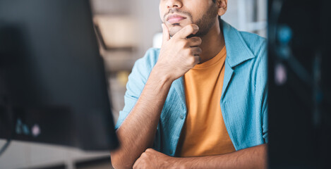 Adult indian man programmer thoughts data coding software developer overtime work IT technology...