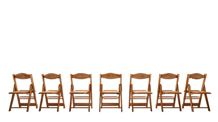 Row of wooden folding chairs isolated on transparent background.