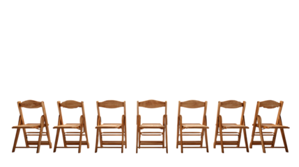 Row of wooden folding chairs isolated on transparent background.