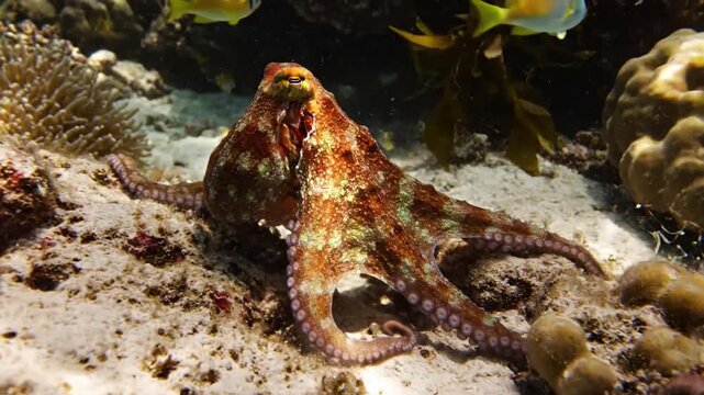 A magnificent octopus showcasing its incredible camouflage abilities by blending seamlessly into a vibrant coral reef, with subtle shifts in color and texture.