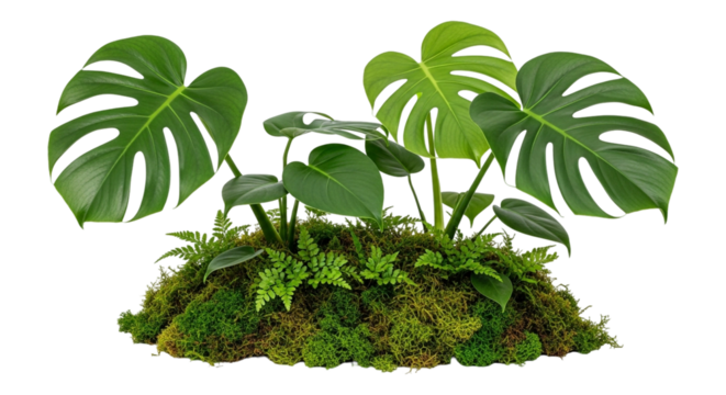 Lush green monstera deliciosa plant arrangement isolated on transparent background, showcasing vibrant leaves and mossy base