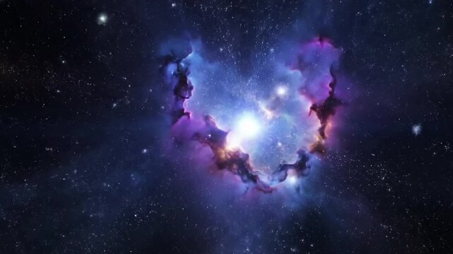 Dynamic eruption of vibrant cosmic dust and nebulae, expanding rapidly with mesmerizing light and shadow interplay. Overhead view capturing the initial burst and outward propagation of luminous?