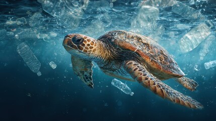 Obraz premium Ocean Garbage Patch. Pollution Save Concept, Sea Turtle in Plastic-Infested Ocean