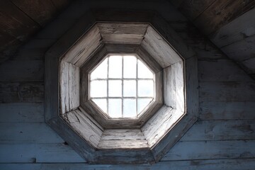 Octagon Window. Old Abandoned Attic Window on Shabby Wooden Wall