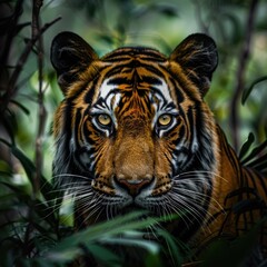 Obraz premium A close-up of a tiger's face, in the dense juicy foliage of a tree and looking at the camera with a serious expression on his face.