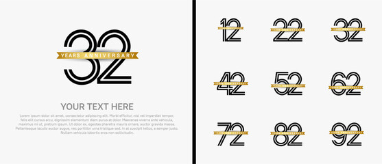 anniversary logo set with golden ribbon. black number on white background for celebration moment