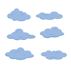Flat Design Collection of Six Blue and Gray Stylized Cartoon Clouds Isolated on a White Background. The Various Shapes Represent Overcast Weather Rain or Digital Cloud Computing and Storage Concepts.