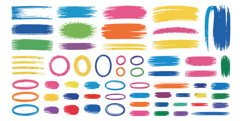 Collection of colorful brush stroke elements and handdrawn circles isolated on white background