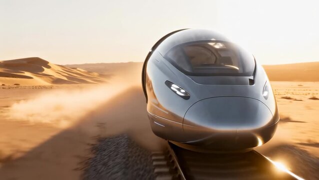 Futuristic high-speed train or maglev traveling through a desert landscape at sunset.
