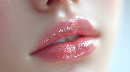 Naklejka premium Detailed ro shot of full vibrant pink lips with a high gloss finish emphasizing a moist soft texture and luminous shine representing beauty cosmetic care and allure