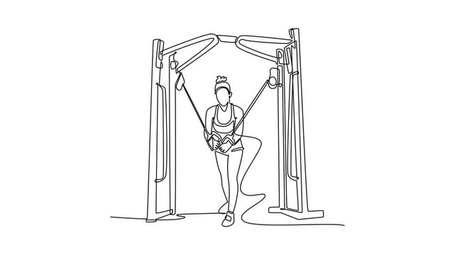 Animated self drawing of continuous line draw woman is performing cable crossover exercise on cable machine, focused chest, arm strength, disciplined fitness workout. Full length single line animation