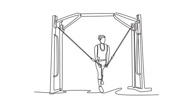 Animated self drawing of continuous line draw woman is performing cable crossover exercise on cable machine, focused chest, arm strength, disciplined fitness workout. Full length single line animation