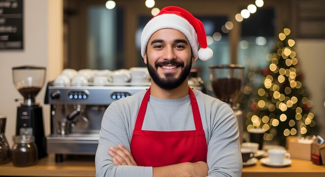 Happy male barista in a Santa hat and red apron radiates holiday cheer while working in a warm, inviting coffee shop, ready to serve festive beverages during the joyful season