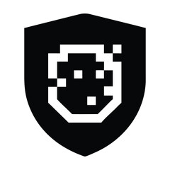 Obraz premium Pixelated shield icon with happy face for digital security and protection