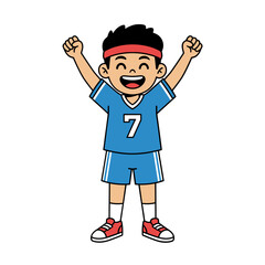 A cheerful young boy wearing a blue sports jersey with the number 7 and red trim, black shorts, and red sneakers celebrates with his arms raised high in a triumphant pose against a black background.
