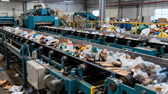 Waste sorting and recycling plant with garbage moving on a conveyor belt.
