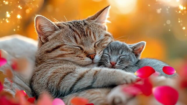 Close-up of two cats snuggling together in warm autumn light