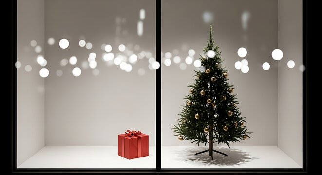 Festive Christmas Tree and Gift Box Display in a Store Window