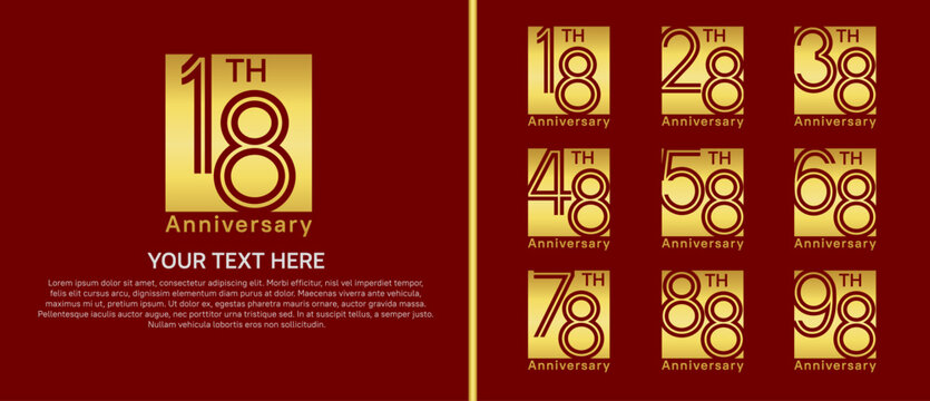anniversary logo set with square. gold color on red background for celebration moment