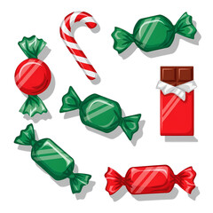 Festive holiday sweets assortment with candy cane and chocolate bar