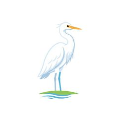 A Stylized Cartoon White Egret Bird Standing on a Small Green Island with Blue Water Accents Against a Black Background Simple Clean Educational Vector Art
