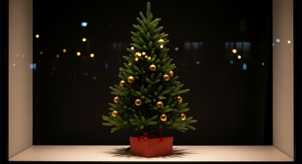 Fototapeta premium A decorated Christmas tree stands on a shelf in a dimly lit room