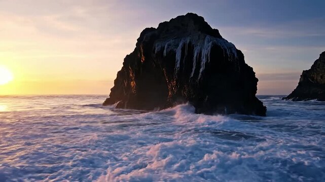 Dynamic aerial perspective showcasing the rhythmic ebb and flow of ocean waves crashing onto a pristine, untouched shoreline, emphasizing natural patterns and textures.