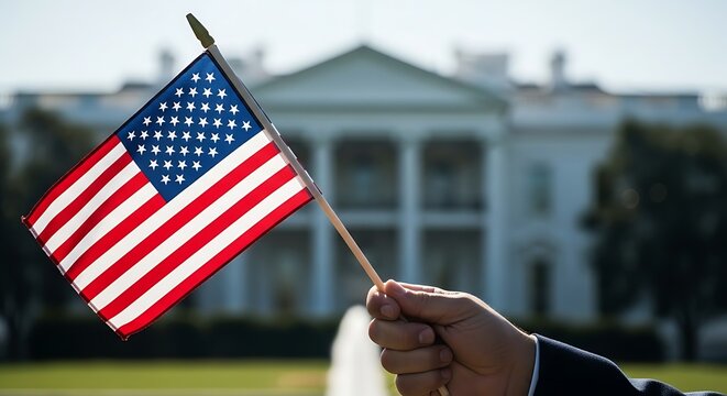 American Flag Waving in Front of the White House.
