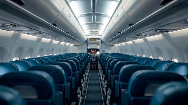 Empty airplane cabin with rows of blue seats leading to cockpit under bright overhead lights