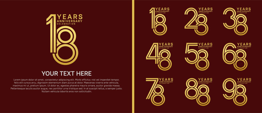 anniversary logo set multiple line style. gold color on red background for celebration moment