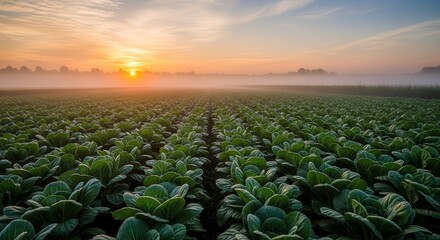 Fototapeta premium Vibrant Morning Sunrise Over Lush Green Agricultural Field With Rows of Cabbage Plants