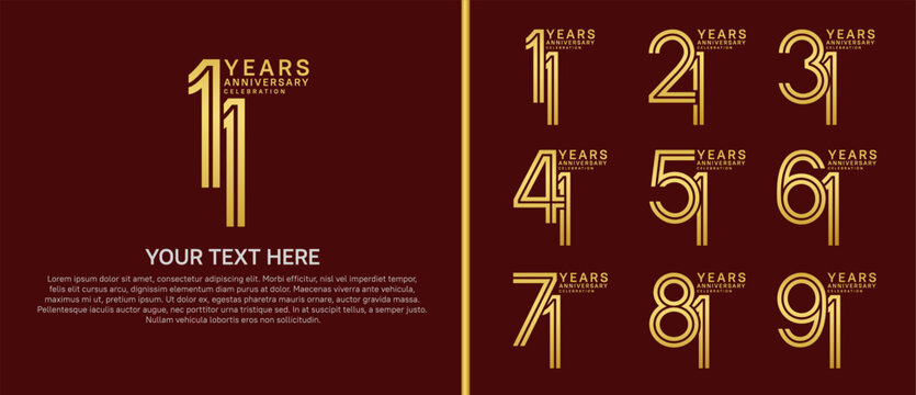 anniversary logo set multiple line style. gold color on red background for celebration moment