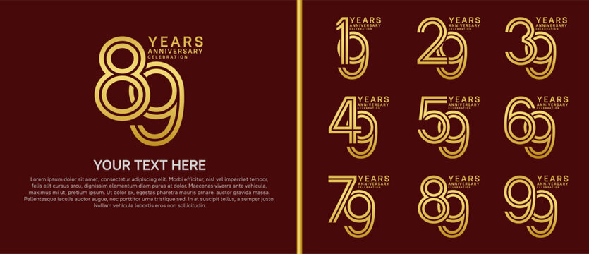 anniversary logo set multiple line style. gold color on red background for celebration moment