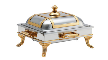 Elegant silver and gold chafing dish isolated on transparent background.
