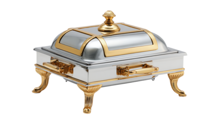 Elegant silver and gold chafing dish isolated on transparent background.