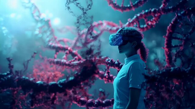 A vivid, highresolution digital artwork depicting a woman immersed in a virtual environment. She is wearing a futuristic visor with a digital interface, and her hair is tied up in a ponytail.