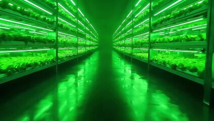 Futuristic vertical farm tracking shot reveals an endless corridor of hydroponic plants under vibrant green LED grow lights, symbolizing agritech, sustainable food production, and the future of agricu - Powered by Adobe