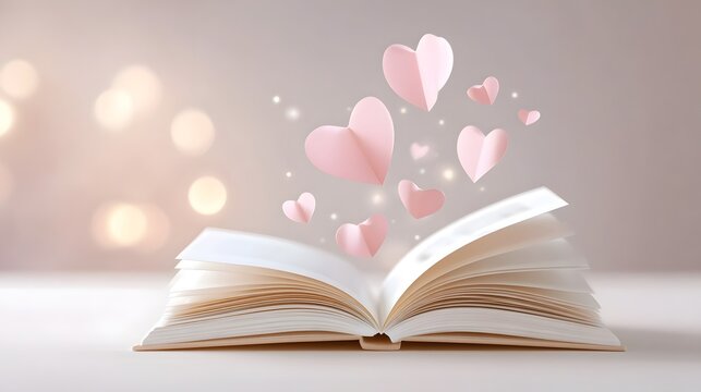 An open book with delicate pink paper hearts and sparkling lights floating upwards evoking feelings of love romance and magical storytelling