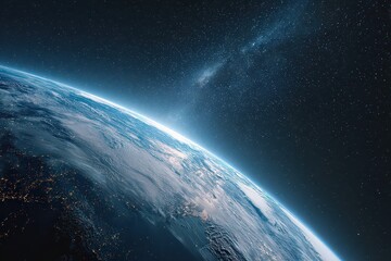 Fototapeta premium Glowing Digital Earth in Deep Space with Stars Abstract Network of Connected Data Points Representing Global Communication and Technology Illustration