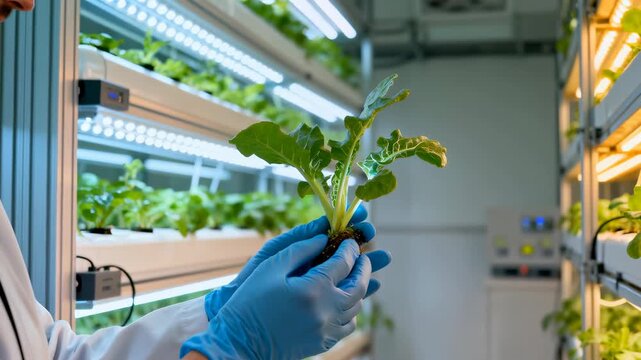 Scientist examining a plant in a modern vertical farm with hydroponic systems and LED lights.
