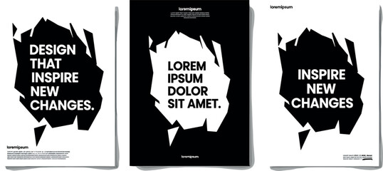 Modern abstract graphic design posters with torn paper effect for impactful communication. A minimalist black and white collection for creative branding and advertising